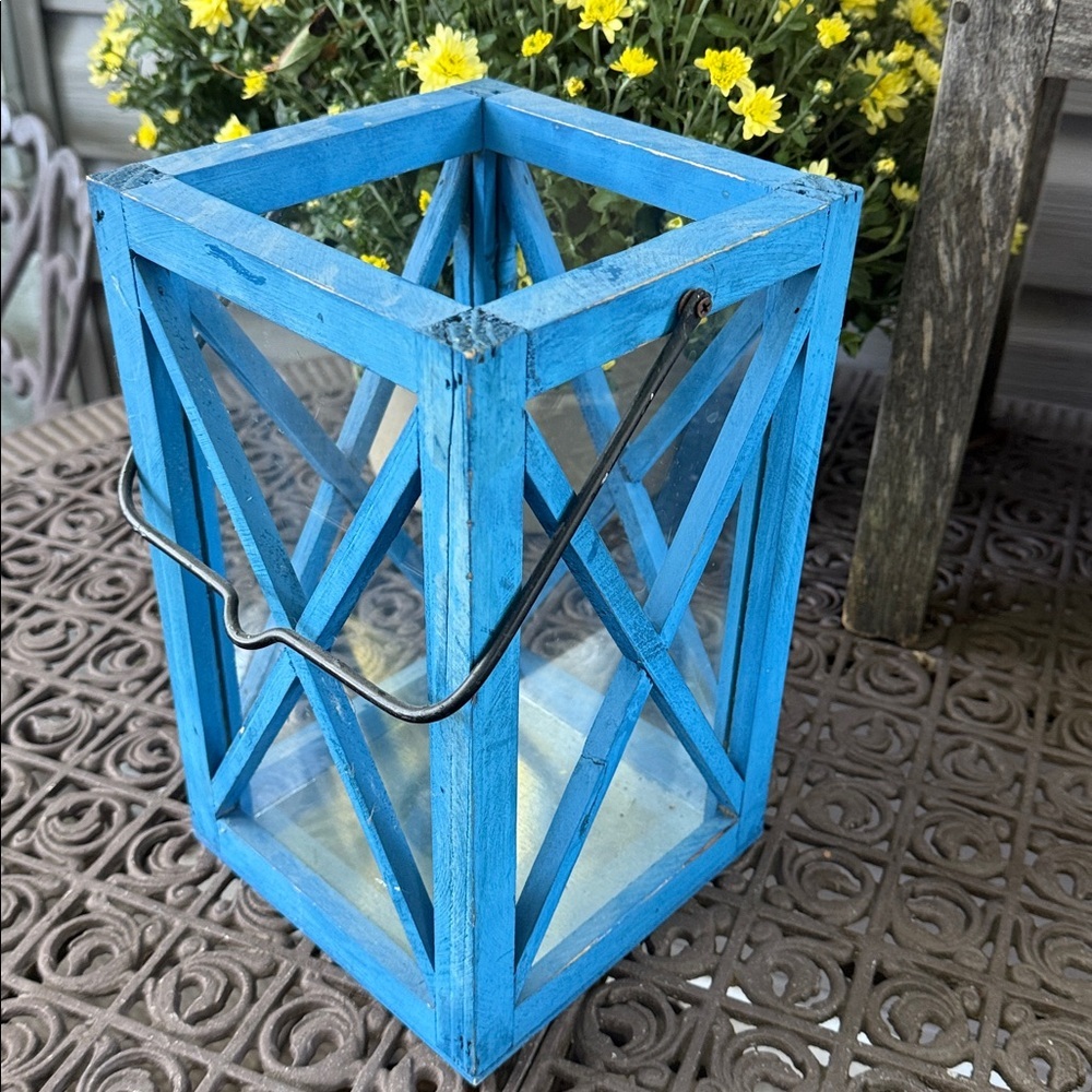 Blue Wooden Lantern with Glass Panels 6.5x6.5x11 in